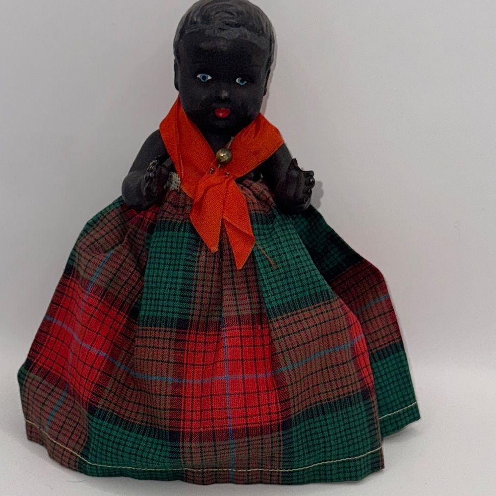 Vintage  Doll with Plaid Dress celluloid